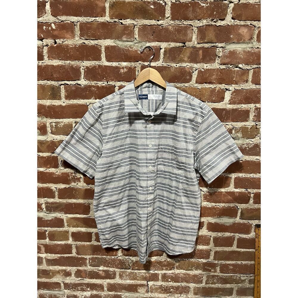 Old Navy Mens Gray Short Sleeve Striped Button Up Shirt NWT Size Large